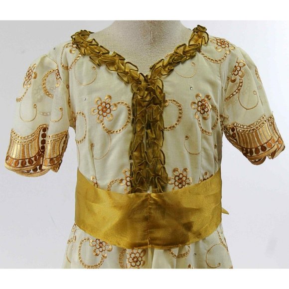 Gold/Cream Girls Dress 5/6 Dance Party Semi-Formal Sash-Belt Ruffled Rhinestones - Picture 2 of 6